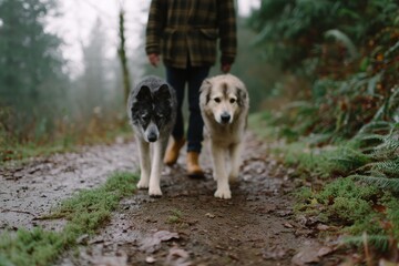 People Walking Dogs in Misty Forest Trail During Autumn Hike