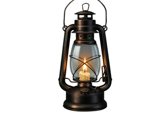 Antique oil lantern with a lit candle.