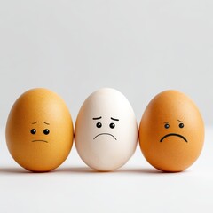 Three sad eggs with faces expressing sadness standing together on white background
