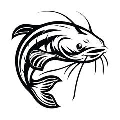 Black and White Fish Illustration, Monochrome, Catfish Isolated on White, Single Fish