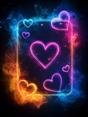 Neon hearts on a glowing card with vibrant, fiery colors.
