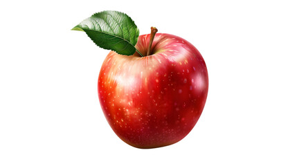 A single red apple with a green leaf attached to the stem on a  transparent background in a studio shot 