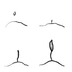 Process of plant growing from seed to first leaf in ground in black brush stroke texture isolated on white. Hand drawn vector sketch illustration in vintage charcoal ink. Ecology symbol, environment