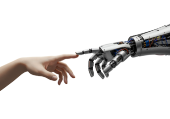 Human and robot hand touching, AI concept