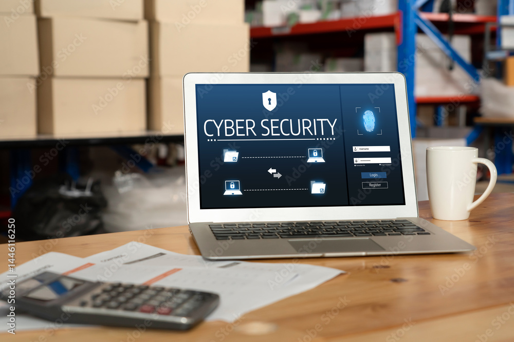 Poster cyber security system on computer screen protect private information snugly from hacker and cyber at