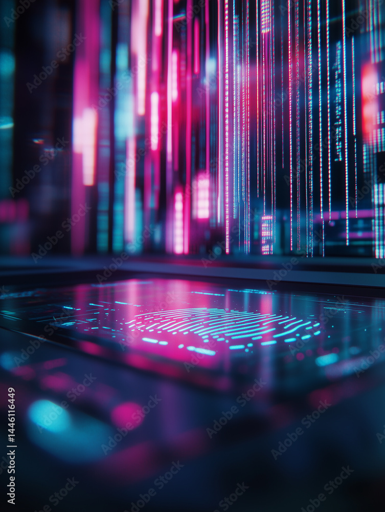 Poster close up of a futuristic terminal showcasing vibrant holographic displays and intricate digital patt
