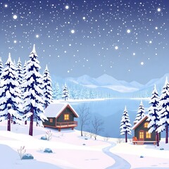 Abstract winter wonderland snow covered trees, frozen lake, gentle snowfall, cozy cabin, pure black, deep shadows art illustration design