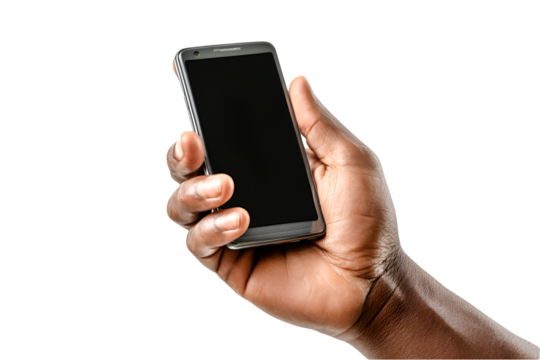 Dark hand holding smartphone blank screen technology connection