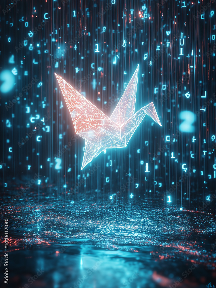Aufkleber glowing digital origami crane hovers above a reflective surface surrounded by floating binary number
