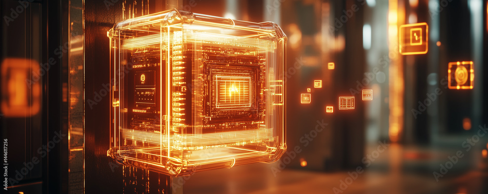 Aufkleber glowing transparent digital vault suspended in a futuristic space with glowing data elements during 