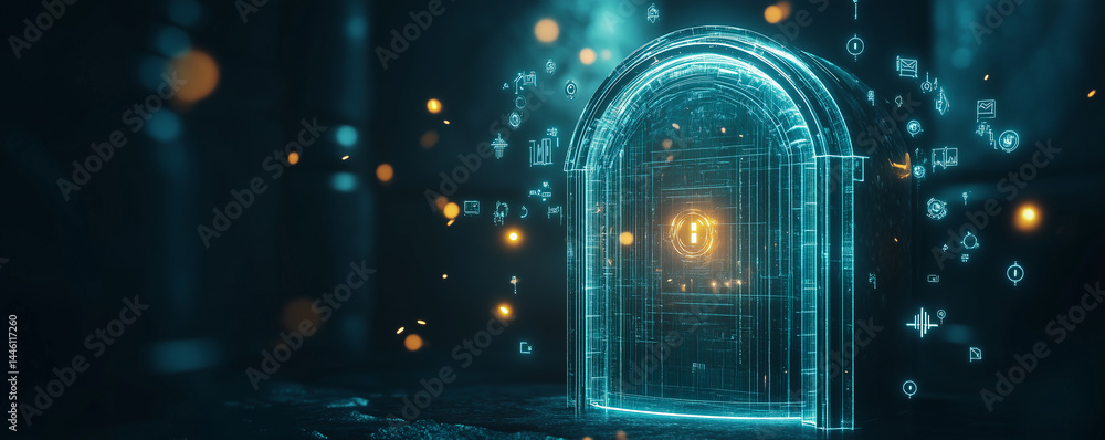 Poster suspended glowing transparent digital vault showcasing intricate designs with floating icons in a da