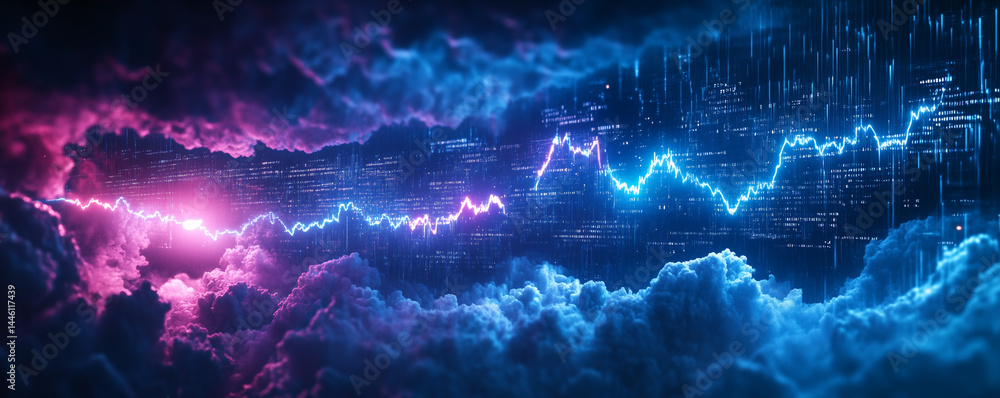 Poster dynamic holographic digital storm swirling across a vibrant cloudscape at twilight with vivid colors