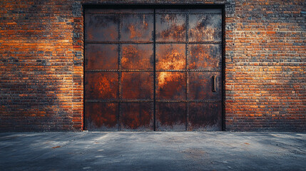 Rusty metal door set in aged brick wall, creating an industrial, grunge background ideal for showcasing products or text