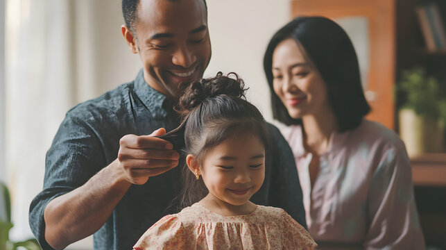 Multicultural Parents Styling Daughter's Hair at Home. Happiness and care.