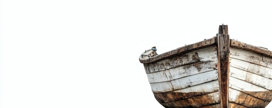 A weathered wooden boat bow against a pristine white backdrop