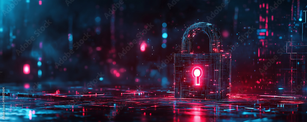 Poster floating holographic lock glows in digital landscape with neon lights and intricate patterns