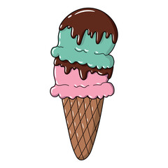 Soft cone topped with two scoops of ice cream and dripping chocolate syrup