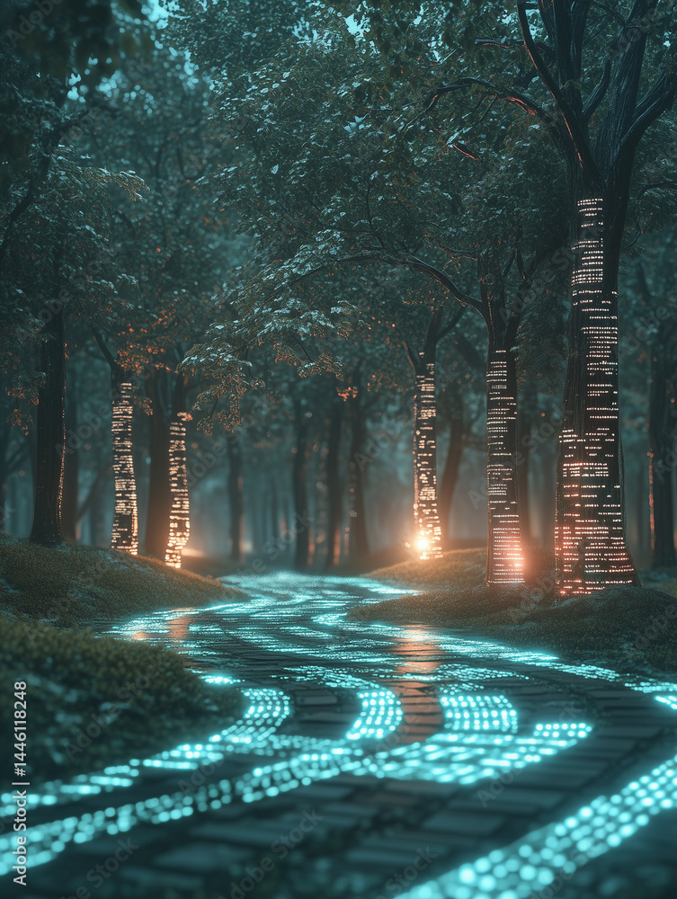 Poster virtual landscape featuring glowing pathways and illuminated trees creating a magical atmosphere in 