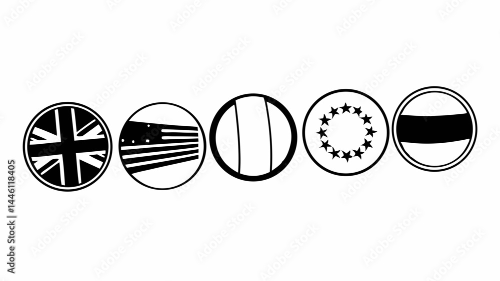 Poster black and white circular flag icons representing various countries and organizations in a row format