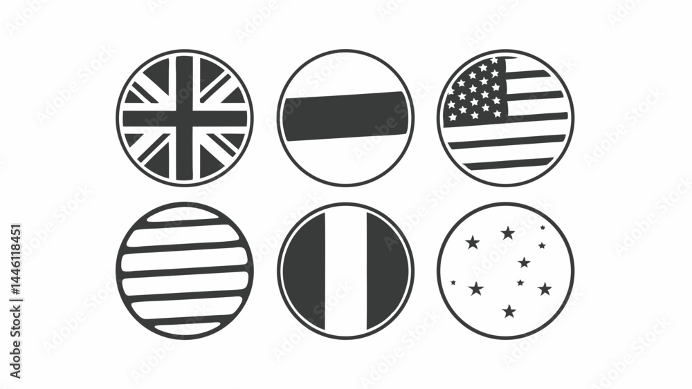 Poster collection of six circular icons featuring different national flags in black and white design create