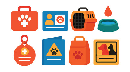 Flat vector icons of pet emergency preparedness: pet first aid kit, vet contact card, evacuation crate, emergency water bowl, tag with emergency info, pet safety guide, supply bag, alert sticker.