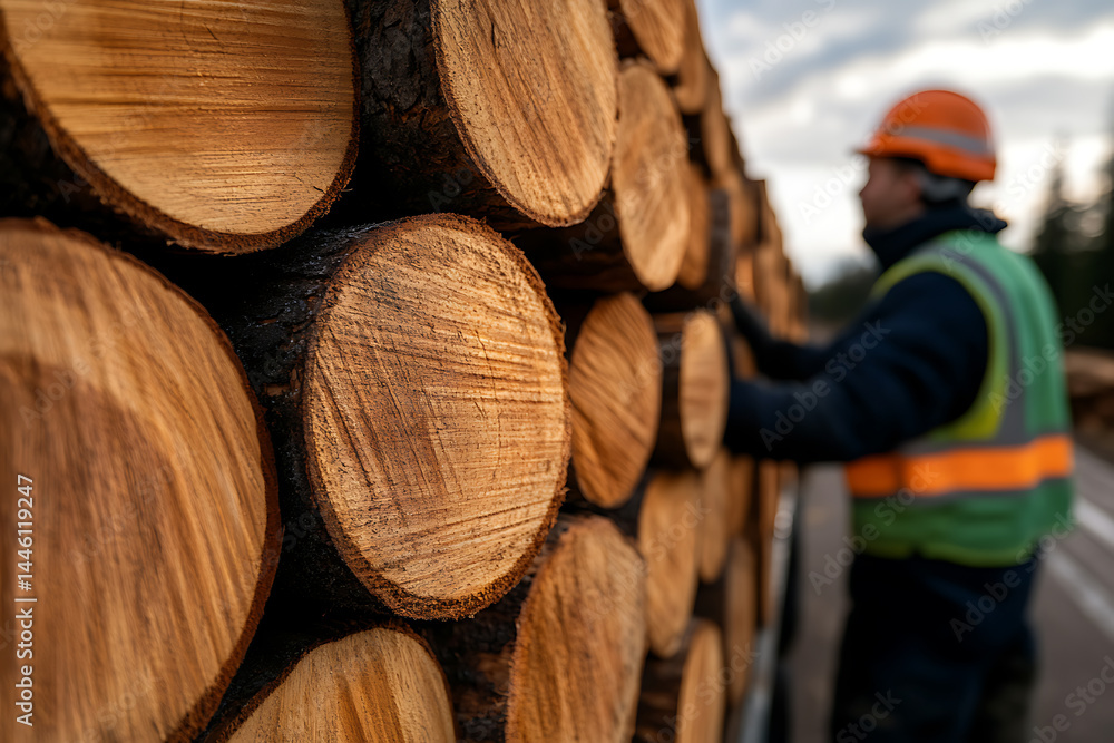 Poster stack of wood logs being handled by worker, focusing on texture and patterns of the timber and log e