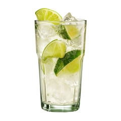 Lime soda served in a glass with ice and lime wedges