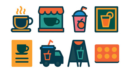 Flat vector icons of branded drink signage: neon coffee cup, tea shop window sign, smoothie bar logo, juice bar chalkboard, café menu card, mobile drink van icon, drink-of-the-day board, loyalty card