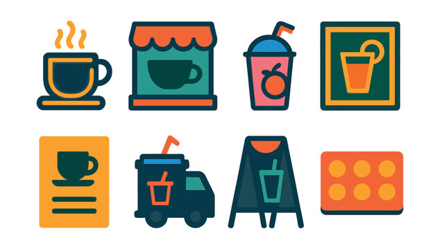 Flat vector icons of branded drink signage: neon coffee cup, tea shop window sign, smoothie bar logo, juice bar chalkboard, café menu card, mobile drink van icon, drink-of-the-day board, loyalty card