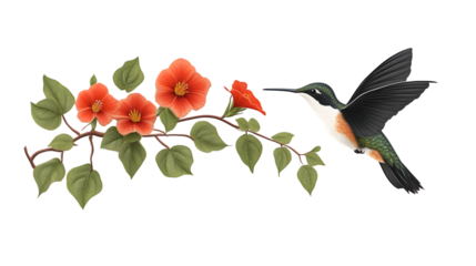 Hummingbird in Flight Near Vibrant Flowers Nature Scene with Wildlife and Botanical Elements f