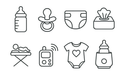 Line style icons of baby care: baby bottle, pacifier, diaper icon, baby wipe, changing table, baby monitor, infant onesie, milk warmer.