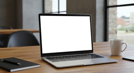 Fototapeta premium Modern Laptop Workspace: Clean Minimalist Design with Blank Screen