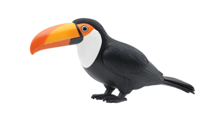 A vibrant bird with a large colorful beak standing against a black background