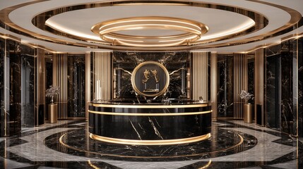 Luxurious reception area with gold accents and dark marble