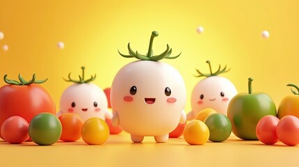 Set of happy fresh cartoon fruits logo with smile 3d image with yellow background