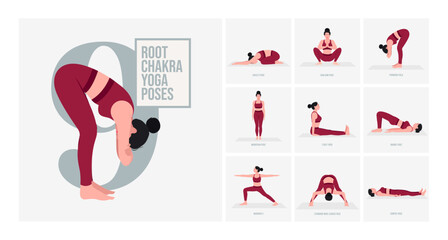 Root Chakra yoga poses. Young woman practicing Yoga pose. Woman workout fitness, aerobic and exercises. 