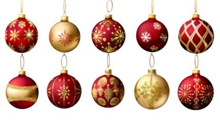 A set of ten christmas ornaments hanging with gold strings on a  transparent background showing holiday cheer 