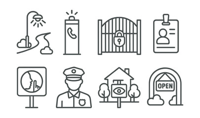Line style icons of safe community spaces: lighted walkway, emergency call box, secure gate, visible ID, quiet zone, community patrol, neighborhood post, welcome zone.