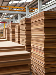 Obraz premium Stacks of thick paperboard ready for transformation into sturdy cardboard boxes within a bustling manufacturing facility