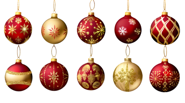 A set of ten christmas ornaments hanging with gold strings on a  transparent background showing holiday cheer 
