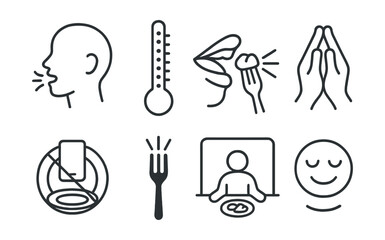 Line style icons of mindful eating tools: chew icon, hunger scale, slow bite, gratitude hands, screen-free plate, focus fork, calm meal zone, fullness smile.