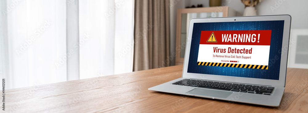 Poster virus warning alert on computer screen detected modish cyber threat , hacker, computer virus and mal