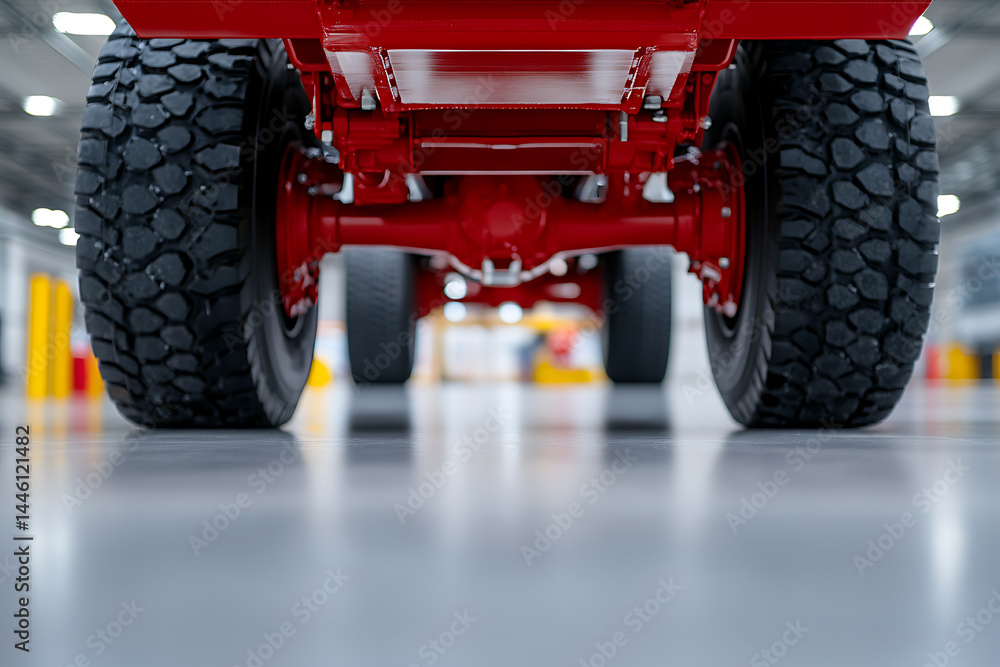 Poster close-up shot of the rear axle and wheels of a red-painted vehicle chassis in a brightly lit factory