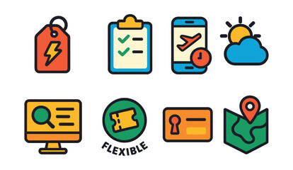 Flat vector icons of last-minute travel features: flash deal icon, quick pack checklist, fast booking symbol, weather check widget, availability scan icon, flexible ticket badge, late checkout card,