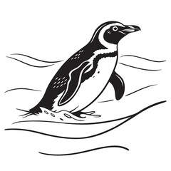 Monochrome Penguin Illustration, Swimming in Water, Black and White, Wildlife, Isolated