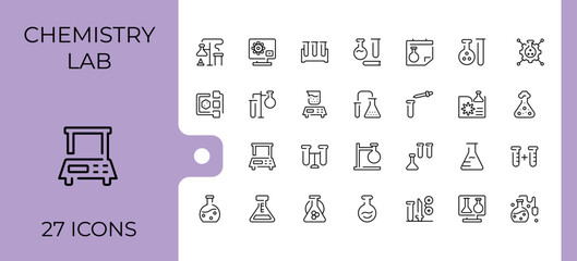 Chemistry Lab icon set. Contains outline symbols like science, formula, research, scientist, chemical and more. Thin line icons set. Lab line icon. Conceptual pictogram and infographic.