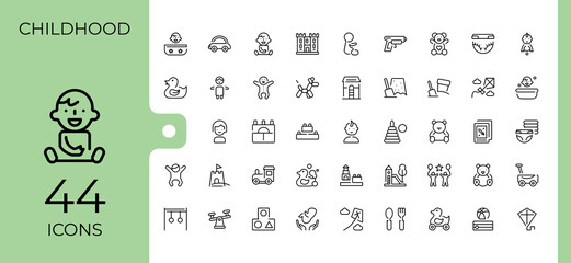 Childhood icon set. Contains related to kindergarten, toy, children and more. Minimal linear icons. Children related modern icon. Editable vector art and illustration.