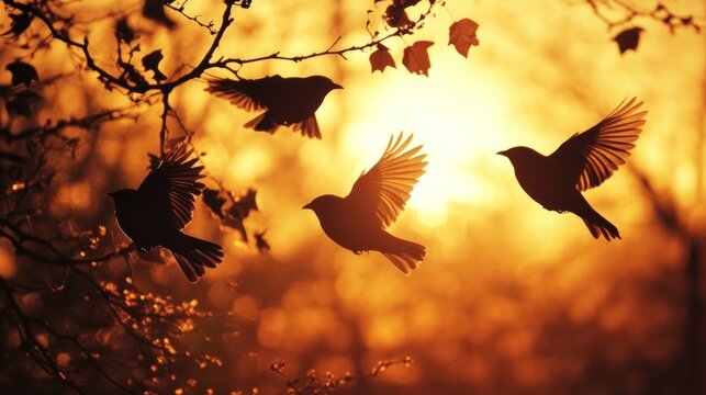Birds in flight at sunset