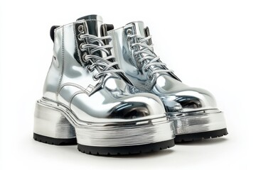 Futuristic silver platform boots stylish chunky soles mirror like shine sleek design bold statement