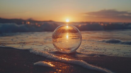 Obraz premium Golden sunset reflected in a crystal sphere on the shore.